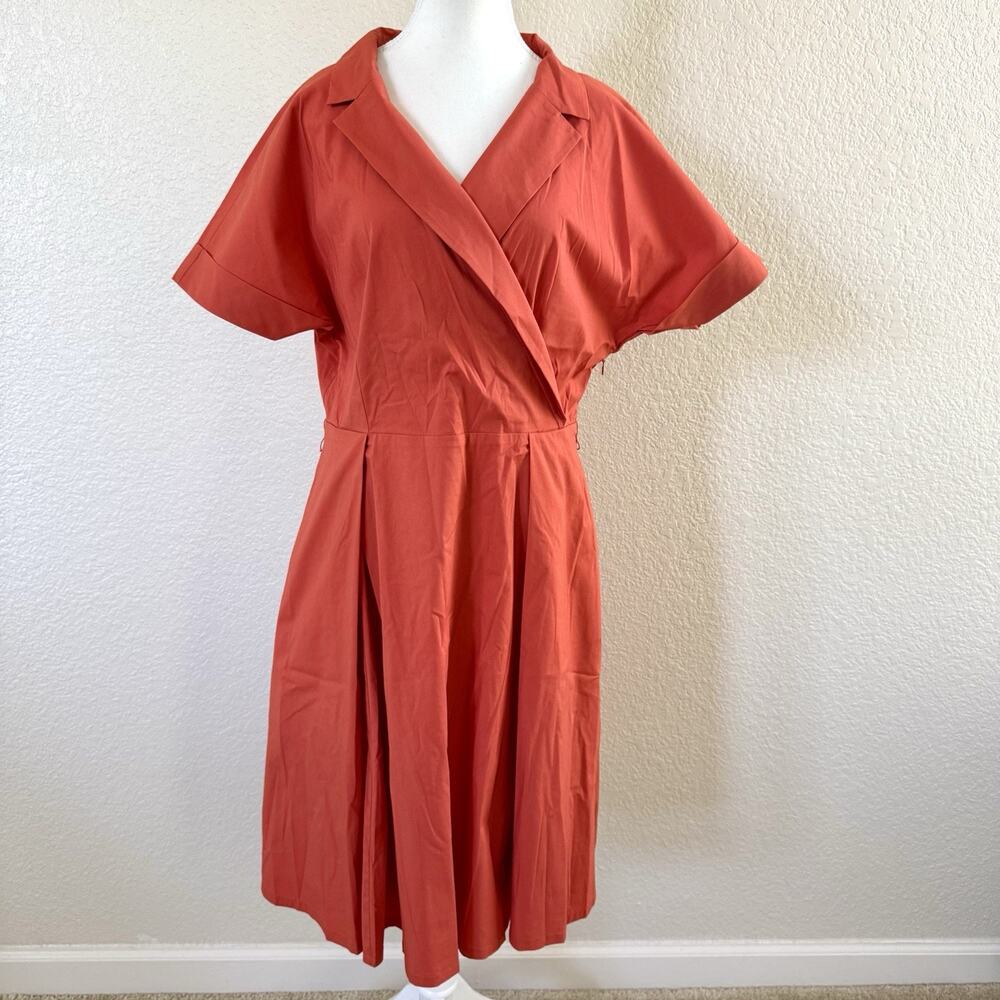 Brooks Brothers Dress Womens 10 Coral Orange Faux Wrap Pleated Short Sleeve